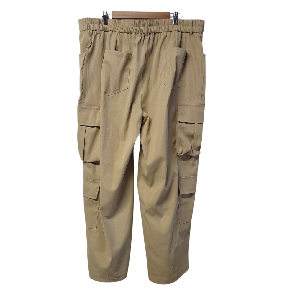 Women's 4XL Khaki Cargo Pants Elastic Waist Polyester Utility Pockets Brown - Picture 2 of 8